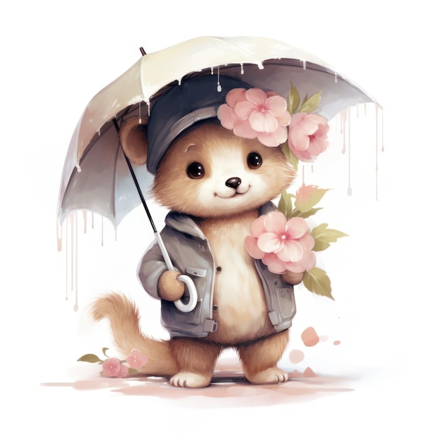 Cute boy bear with umbrella and flowers cartoon illustration