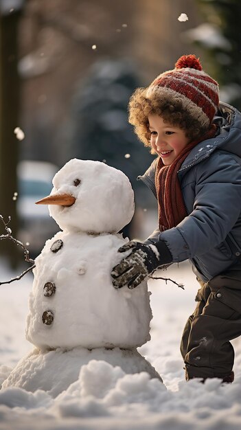 AI が生成した雪だるまを作るかわいい男の子