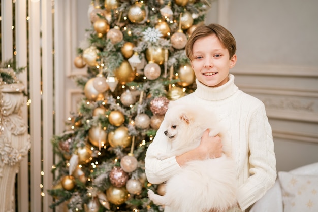 メリークリスマスの幸せな男の子と犬が彼女のteを抱きしめることを見越して犬と一緒にクリスマスツリーでかわいい男の子...