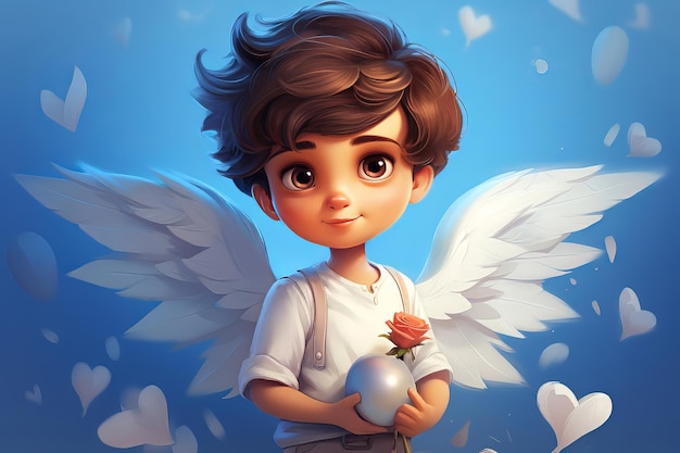 Foto dolce ragazzo cupido con le ali su sfondo blu san valentino