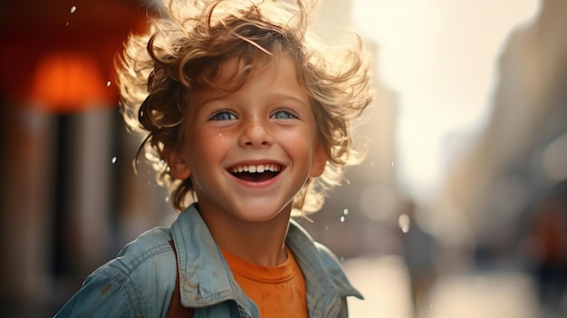 Cute boy in denim jacket spending time outdoors in city street