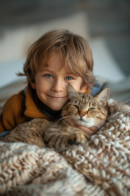 写真 ベッドの上で大きな猫を抱きしめる可愛い男の子ペットコンセプト