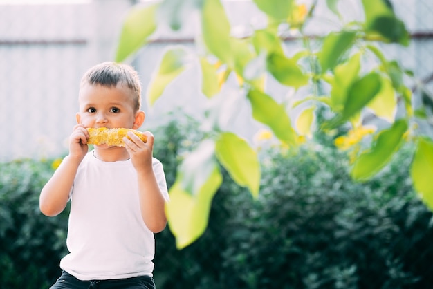 Cute boy in the garden or outdoor Park eating boiled corn is very appetizing in summer