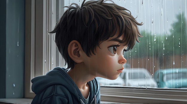 A cute boy gazing out of a window with a gloomy expression on a rainy day