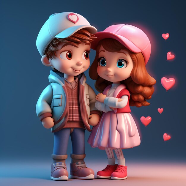 Cute boy and girl in love on romantic valentine's day hand drawn cartoon style 3d illustration