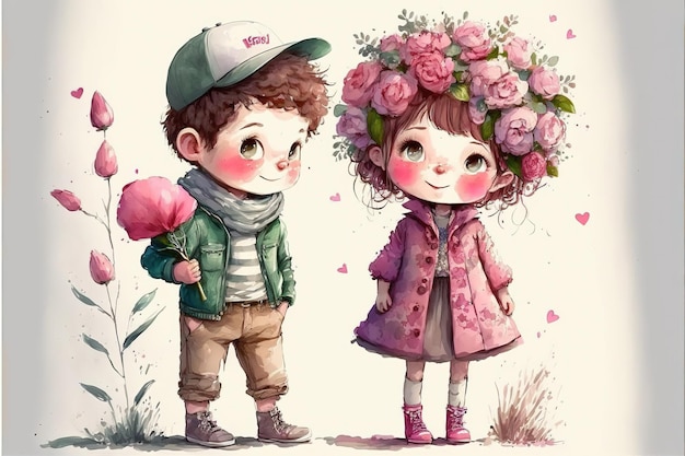 Cute boy and girl in love on romantic Valentine's day hand drawn cartoon style