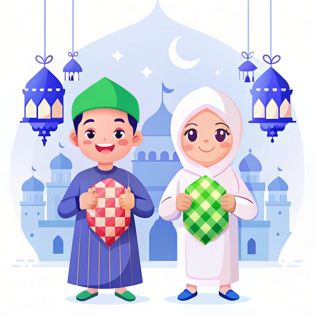 Photo cute boy and girl moslem holding ketupat cartoon vector icon illustration people food icon concept isolated premium vector flat cartoon style