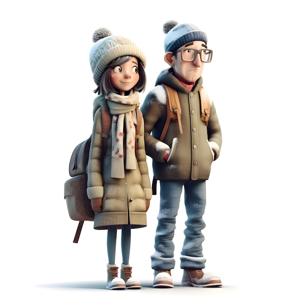 Cute boy and girl in winter clothes on a white background