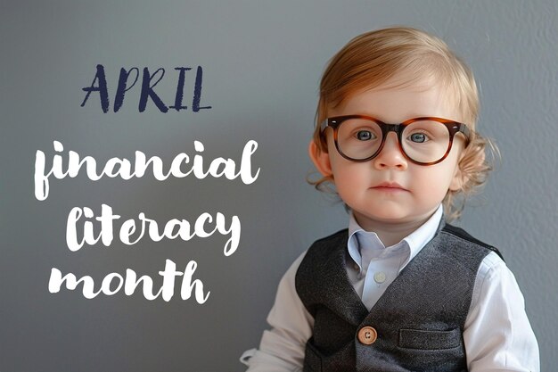 Cute boy in glasses and suit Financial literacy month sign