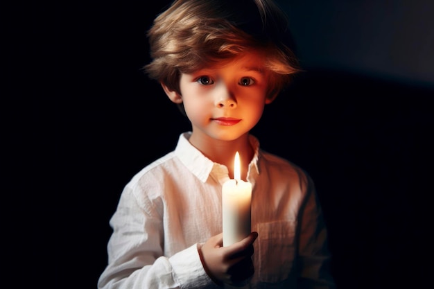 Cute boy holding a burning candle on black background ai generative