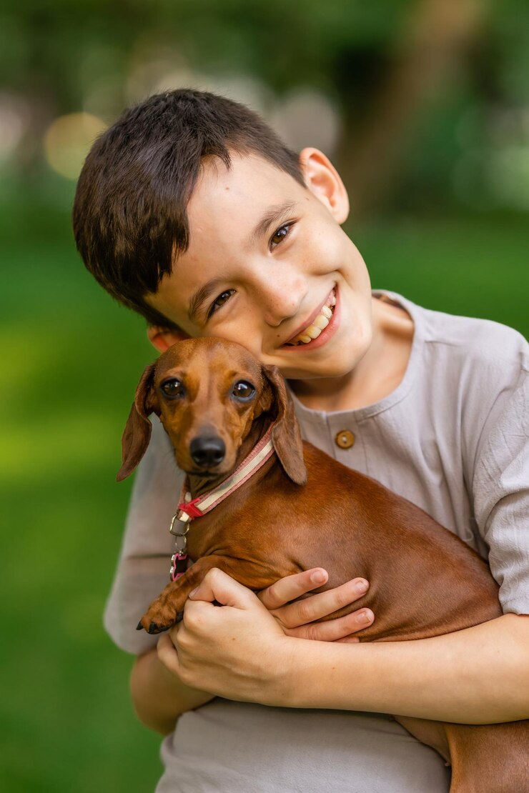 귀여운 소년은 여름 산책 중에 그의 팔에 dachshund 개를 가지고 있습니다