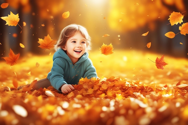 A cute boy is playing happily on the fallen leaves in the autumn forest