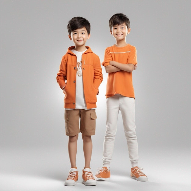 cute boy orange clothes one hand beautiful full body smiling clear white background