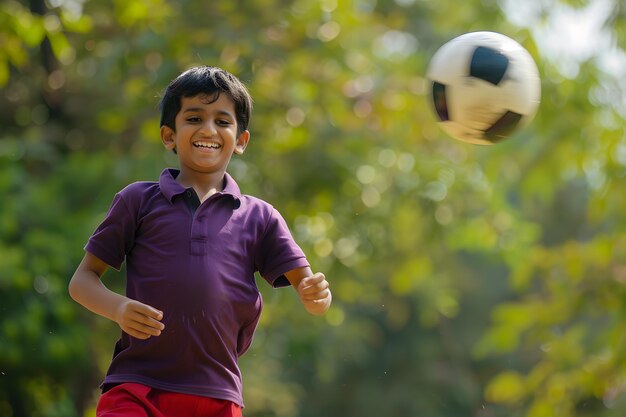 Photo cute boy playing football in the park selective focus