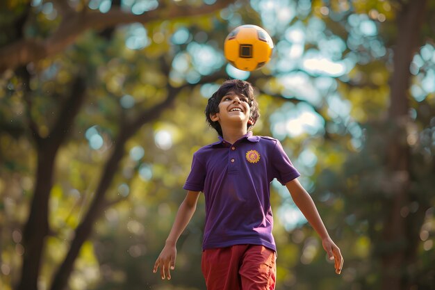 Photo cute boy playing football in the park selective focus