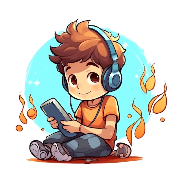 Cute boy playing guitar and listening to music with headset in cartoon style Youth day or music day