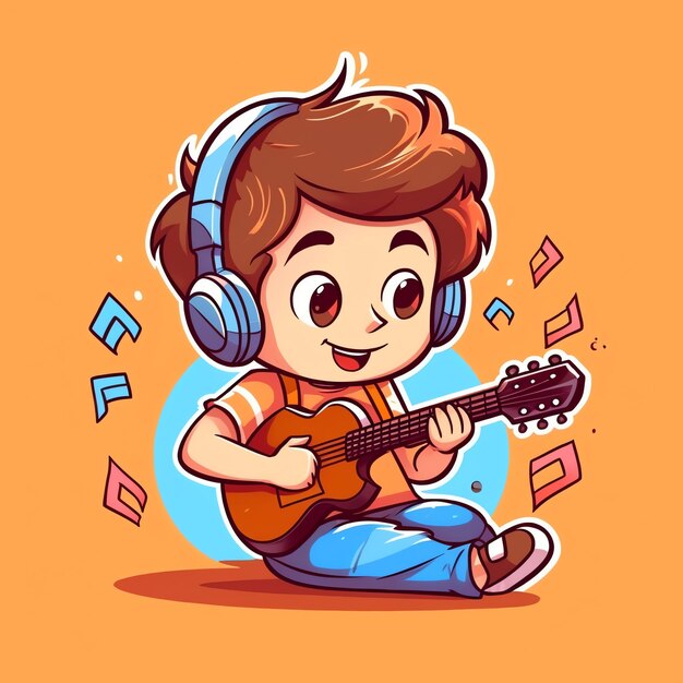 Photo cute boy playing guitar and listening to music with headset in cartoon style youth day or music day