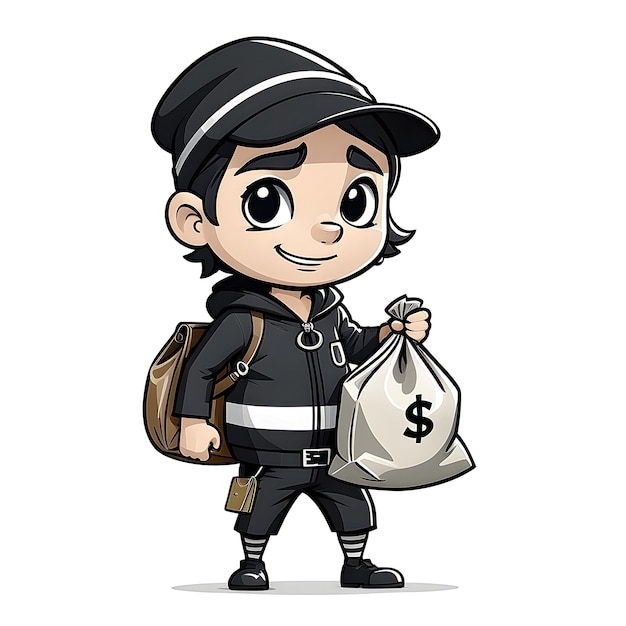 cute boy in police uniform with bag of money