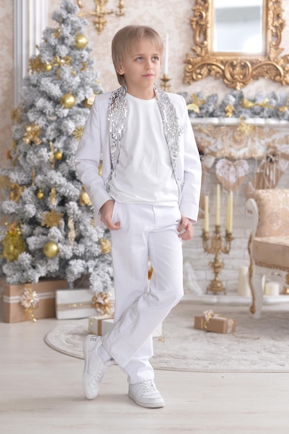 Cute boy posing near Christmas tree