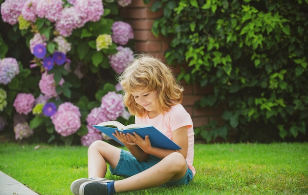 Cute boy reading book on green grass