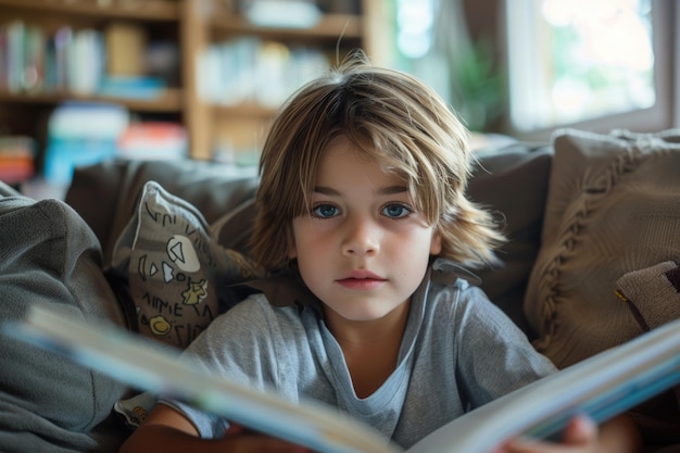 Милый мальчик читает книгу и улыбается, сидя на диване в комнате, созданной ай