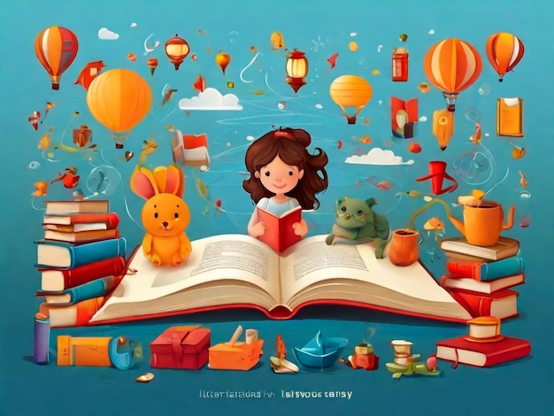 Cute boy reading a book or studying Book lovers readers fans of modern literature banner template Education or training event concept Vector