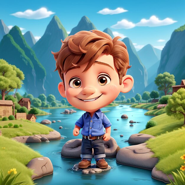 Photo a cute boy river mountain background world smile day 3d design