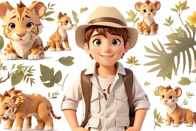 cute boy in safari outfit on white