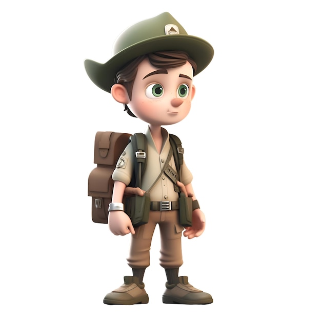 Cute boy scout with backpack and hat 3d rendering
