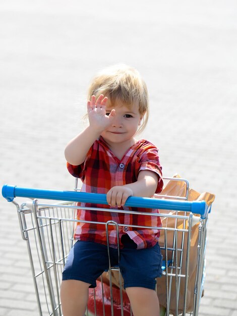 Cute boy in shopping trolley