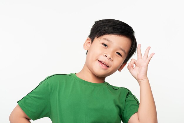 Cute boy showing ok sign, smiling positive, white studio