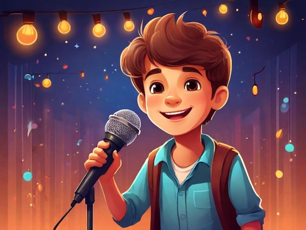 Cute boy singing a song with microphone vector cartoon illustration