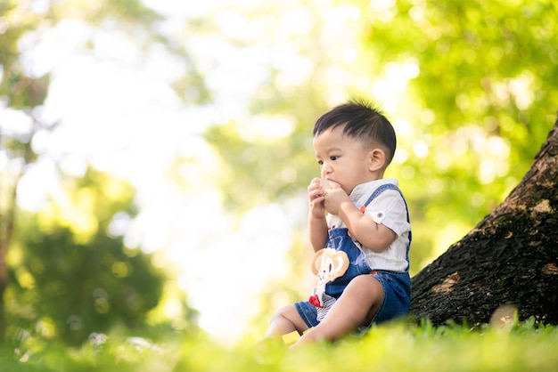 写真 木に背を向けた植物に座っている可愛い少年