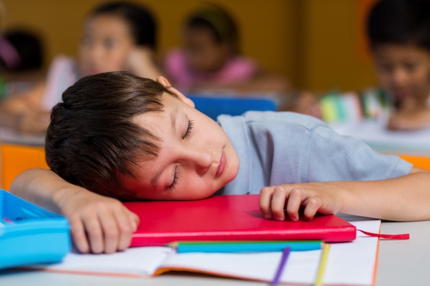 Cute boy sleeping on desk