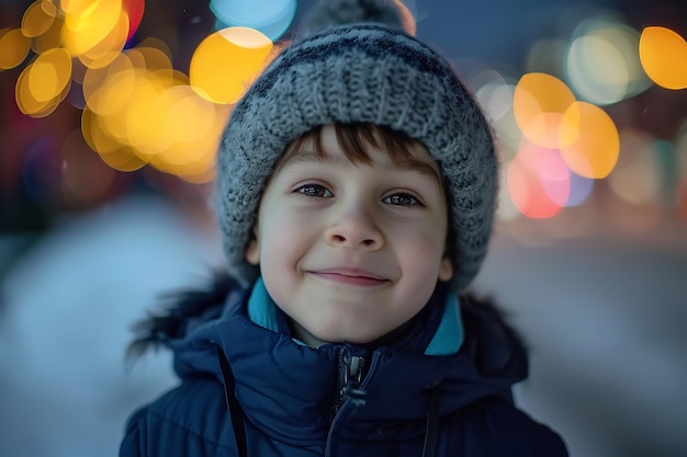 Милый мальчик улыбается, глядя в камеру, наслаждаясь зимним генеративным искусственным интеллектом