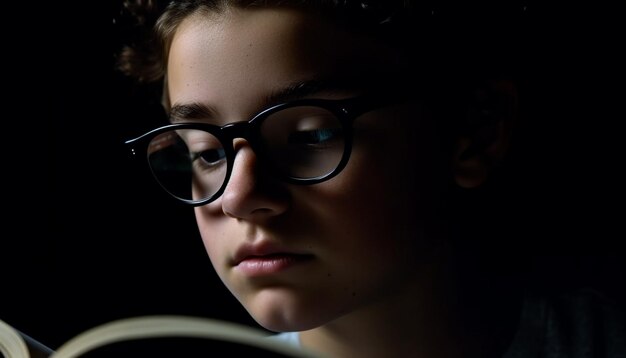 Cute boy studying staring at book indoors generated by AI