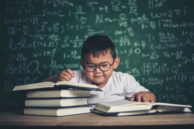 Cute boy studying at table against blackboard