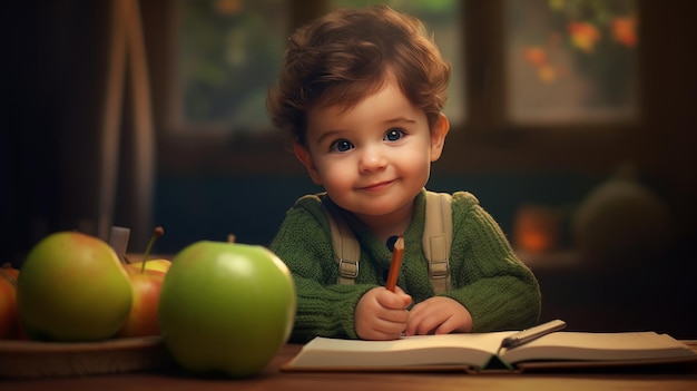 Cute boy studying with green apple generative AI