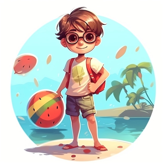 Photo cute boy in summer time cartoon illustration