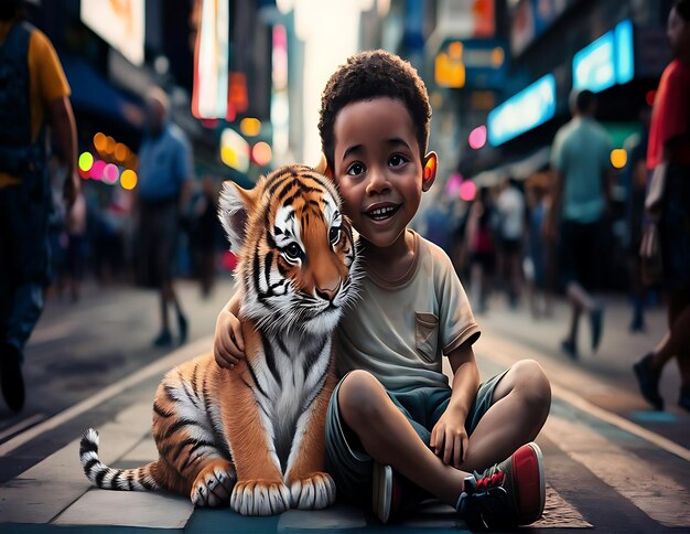 Foto ragazzo tigre carino seduto sulle strade