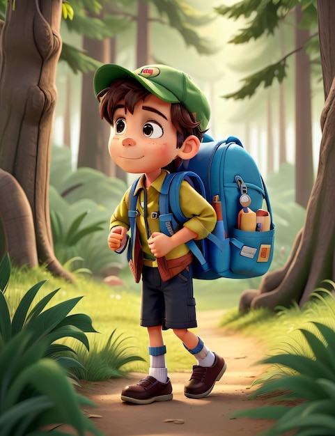 A cute boy traveling with a backpack in the forest
