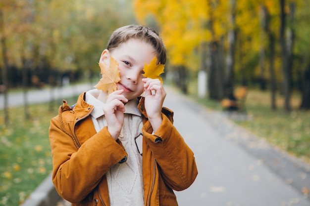 Cute boy walks and poses in a colorful autumn Park