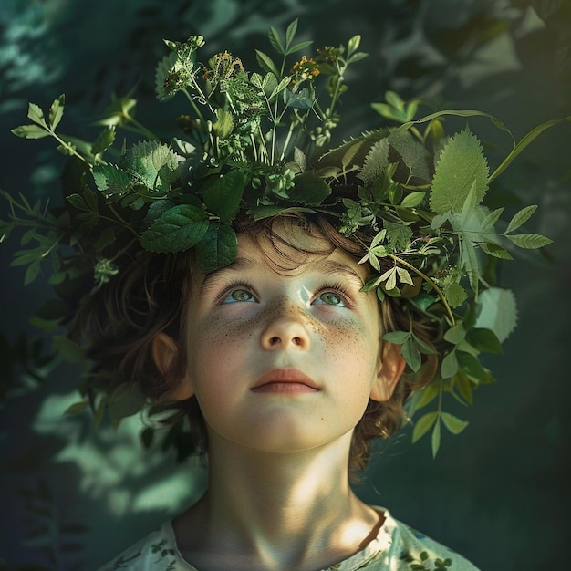 Photo cute boy wearing a crown of leaves