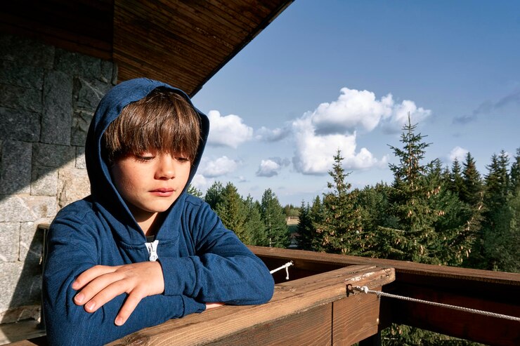 Photo cute boy wearing hooded shirt while leaning on railing