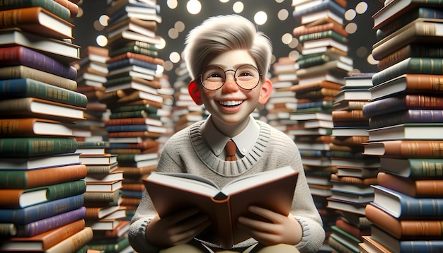 Cute boy with freckles and glasses reading a book in piles of books school student concept