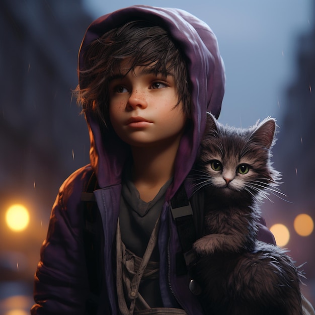 cute boy with freckles in a hood with a cat in the rain 3D