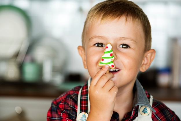 Cute boy with a ginger bread Christmas tree