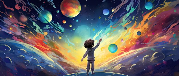 写真 長の可愛い男の子が色とりどりの惑星を破壊する漫画イラストで宇宙で波を振っています