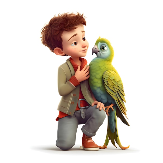 cute boy with parrot isolated on white background 3d illustration