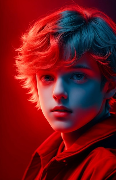 A Cute boy with red and dark background